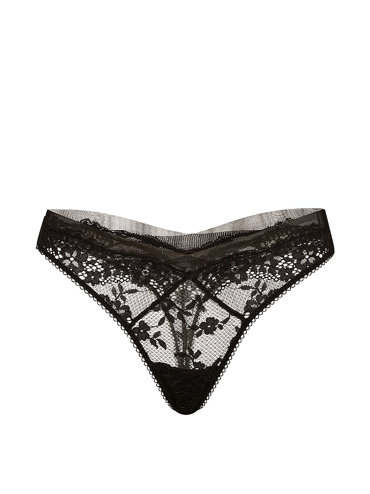 Victoria's Secret, Dream Angels Lace Thong Panty, Black, offModelFront, 3 of 3
