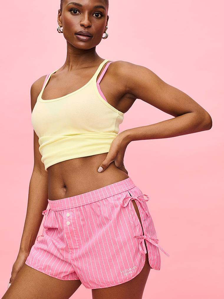 Victoria's Secret, Victoria's Secret Mix & Match Sleep Heritage Cotton Pajama Shorts, Bombshell Pink Stripes, onModelSide, 1 of 5 Tsheca is 5'9" and wears Small