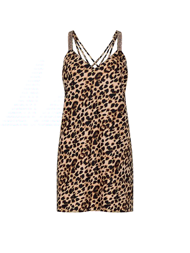 Victoria's Secret, Very Sexy Shine Strap Satin Slip, Leopard, offModelFront, 3 of 4