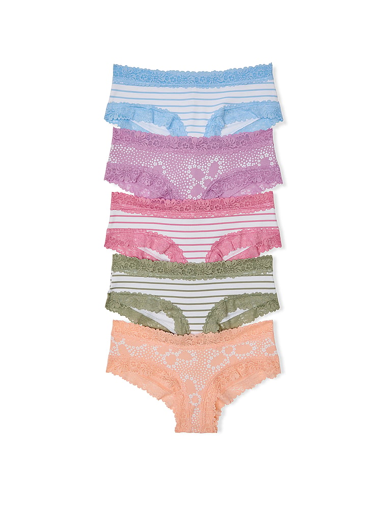 PINK 5-Pack PINK Wink™ Lace Mixed Cheeky Panties, Spring Stripe Pack, offModelFront, 1 of 1