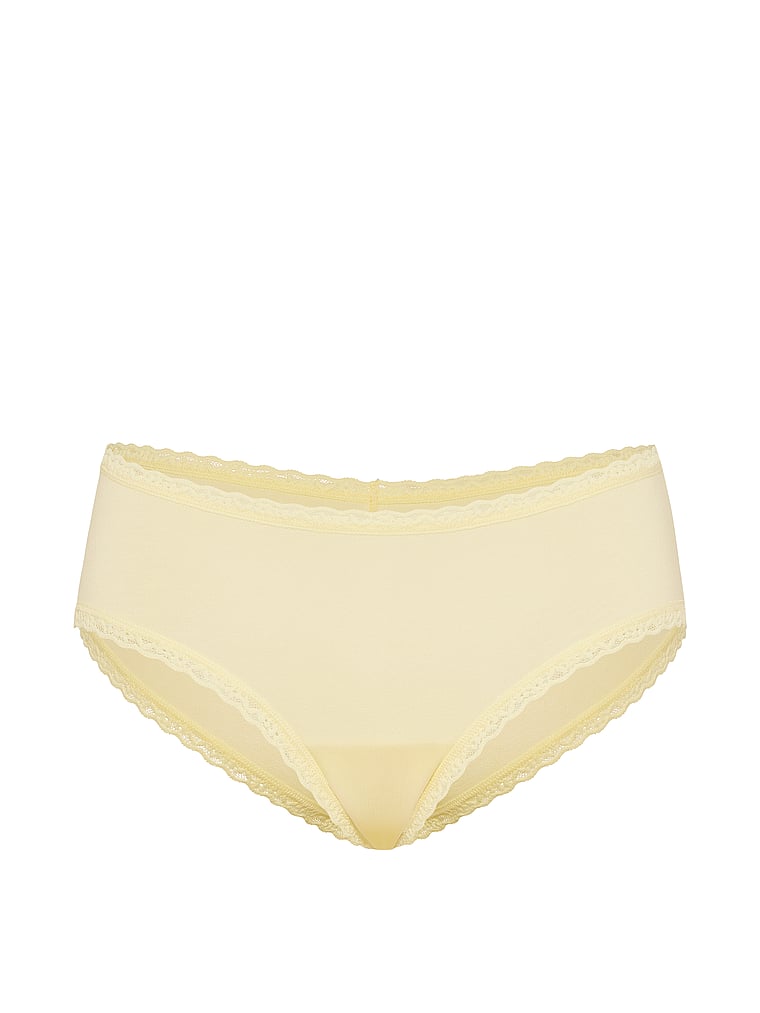 Victoria's Secret, Lace Trim Cotton Pointelle Lace-Waist Cheeky, Sunny Honey, offModelFront, 3 of 3