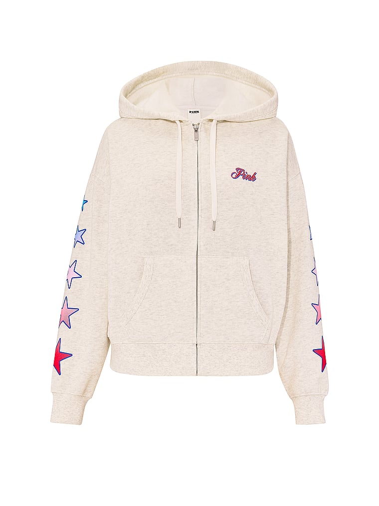 PINK Ivy Fleece Campus Full-Zip Hoodie, Snow Heather, offModelFront, 3 of 3