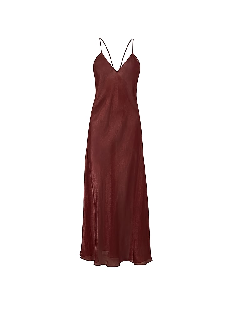 Victoria's Secret, Victoria's Secret Luxe Sheer Satin Long Slip Dress, Cherrywood, offModelFront, 3 of 4