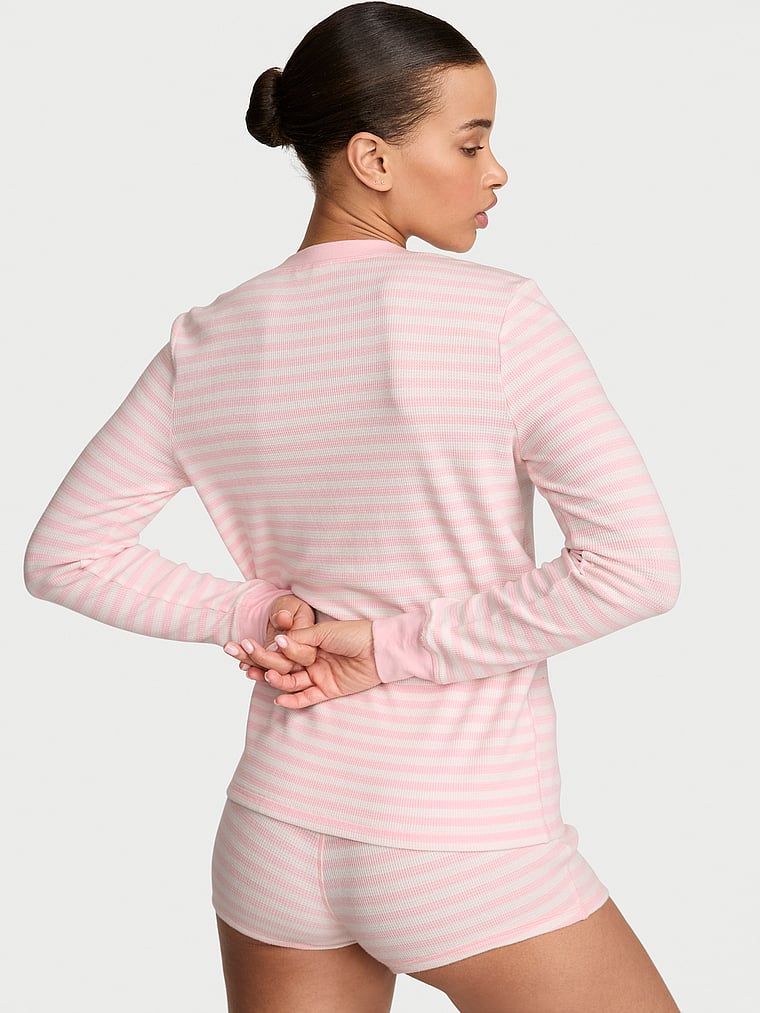 Victoria's Secret, Victoria's Secret Soft Thermal Henley Short Pajama Set, Pretty Blossom Stripes, onModelBack, 2 of 3 Nisaa is 5'9" or 175cm and wears S/Regular