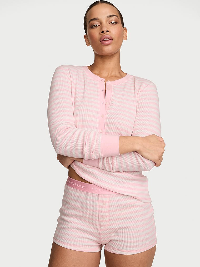 Victoria's Secret, Victoria's Secret Soft Thermal Henley Short Pajama Set, Pretty Blossom Stripes, onModelFront, 1 of 3 Nisaa is 5'9" or 175cm and wears S/Regular