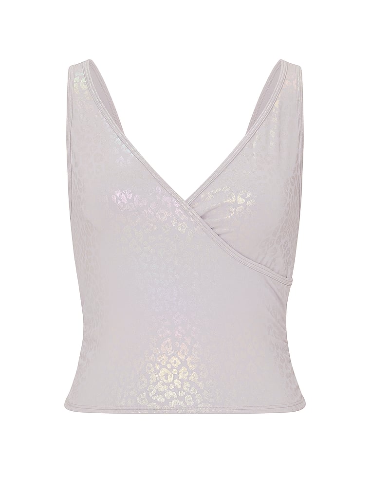 PINK PINK Relay™ Ruched Wrap Bra Tank, Dusty Lilac Leopard Foil, offModelFront, 3 of 3