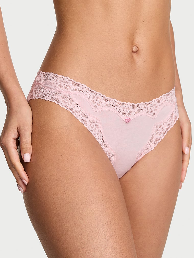 Victoria's Secret, Lace Trim Cotton Lace-Waist Bikini Panty, onModelFront, 1 of 3