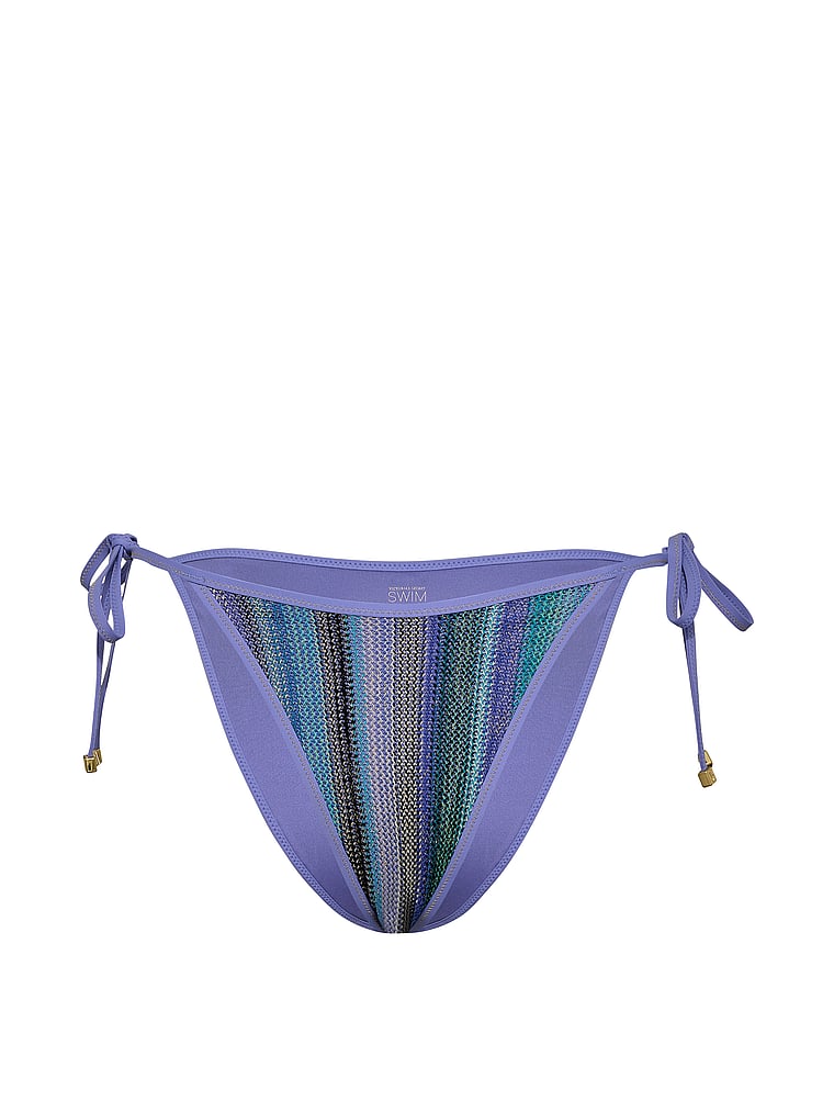 Victoria's Secret, Victoria's Secret Swim Shimmer Stripe Knit Side-Tie Cheeky Bikini Bottom, Periwinkle Shimmer Stripes, offModelFront, 3 of 3