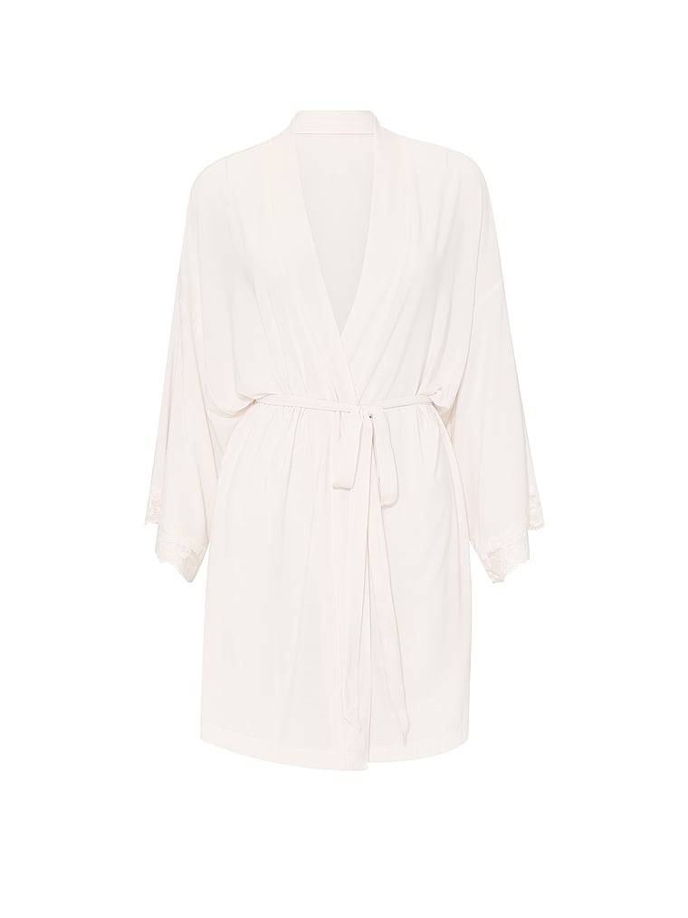 Victoria's Secret, Victoria's Secret SoSoft™ Modal Lace-Trim Bridal Short Robe, Coconut White, offModelFront, 3 of 4