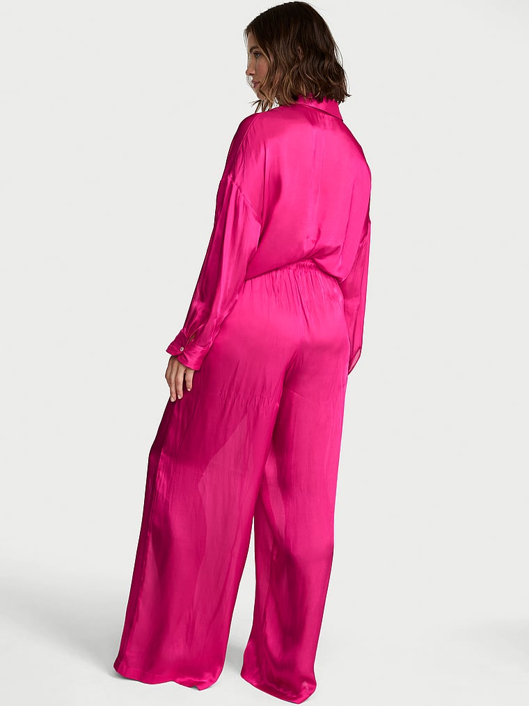Victoria's Secret, Victoria's Secret Luxe Sheer Satin Wide-Leg Pant, Pop Pink, onModelBack, 2 of 3