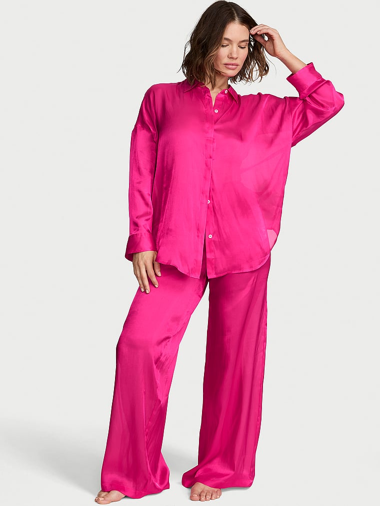 Victoria's Secret, Victoria's Secret Luxe Sheer Satin Wide-Leg Pant, Pop Pink, onModelFront, 1 of 3