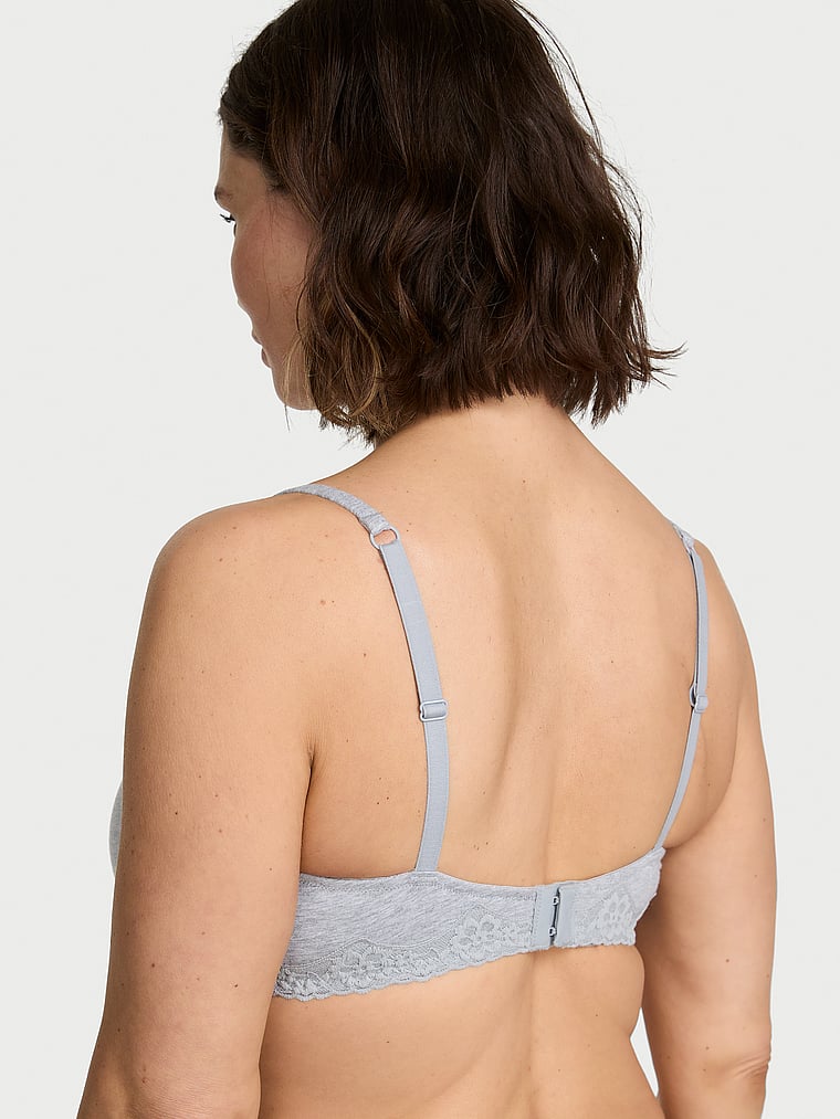 Victoria's Secret, The T-shirt Cotton Lace-Trim Unlined Demi Bra, Medium Heather Grey, onModelBack, 2 of 3