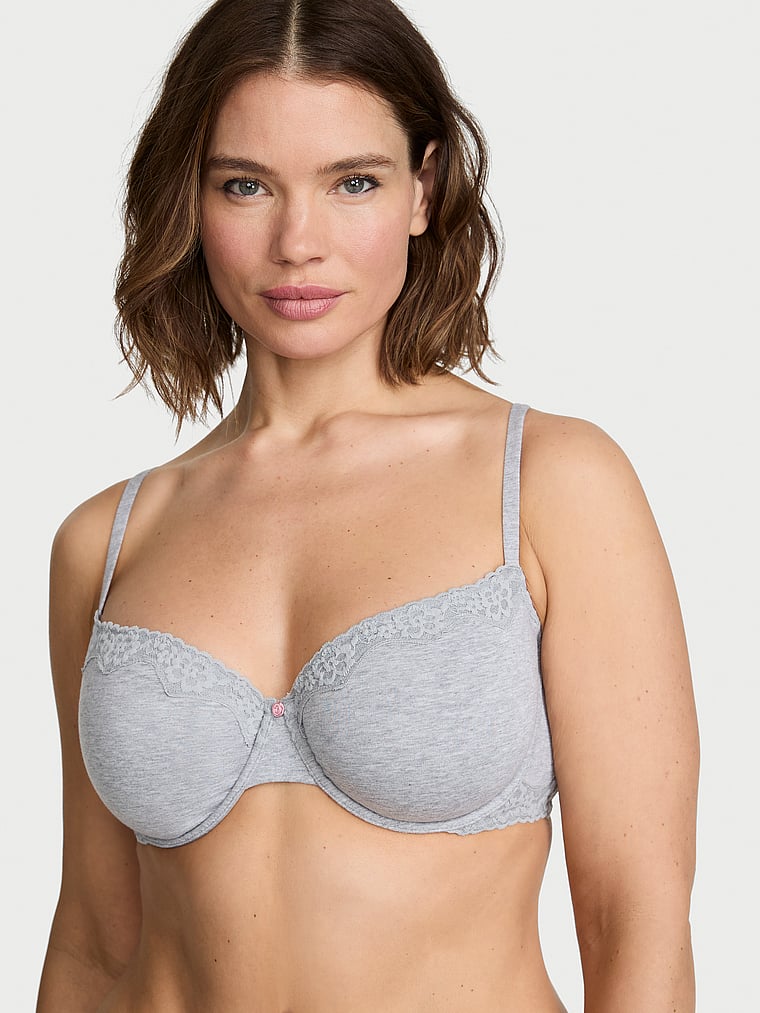 Victoria's Secret, The T-shirt Cotton Lace-Trim Unlined Demi Bra, Medium Heather Grey, onModelFront, 1 of 3