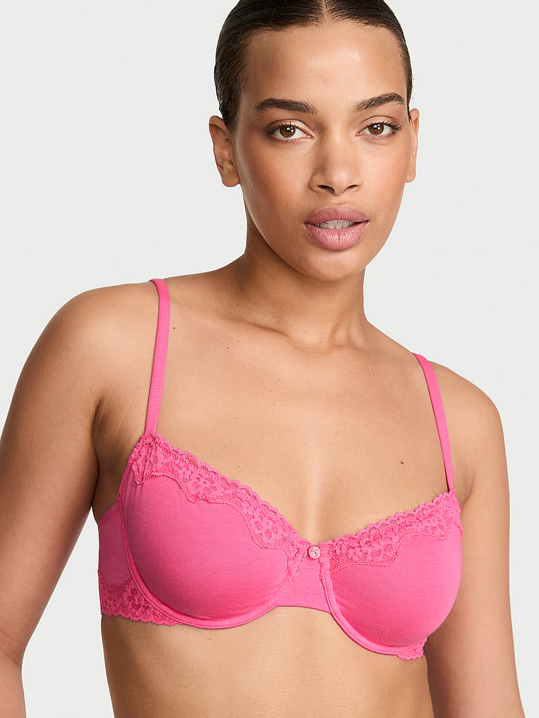 Victoria's Secret, The T-shirt Cotton Lace-Trim Unlined Demi Bra, Pink Radiance, onModelFront, 1 of 3 Nisaa is 5'9" or 175cm and wears 34B or Small