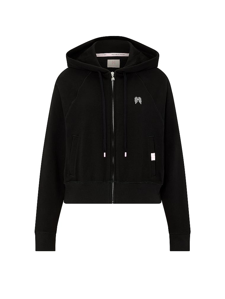 Victoria's Secret, Angel Essentials Off-Duty Terry Crop Full-Zip Hoodie, Pure Black, offModelFront, 3 of 3