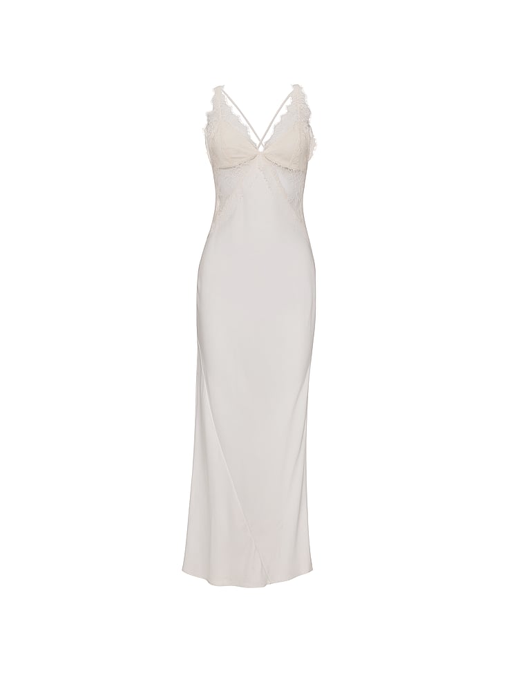 Victoria's Secret, Very Sexy Satin Rose Lace Long Slip Dress, Coconut White, offModelFront, 4 of 4