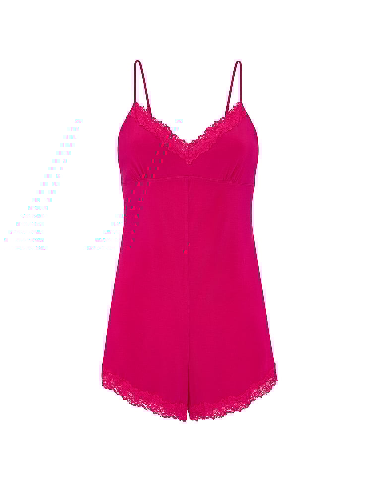 Victoria's Secret, Victoria's Secret SoSoft™ Modal Lace-Trim Romper, Pop Pink, offModelFront, 3 of 4