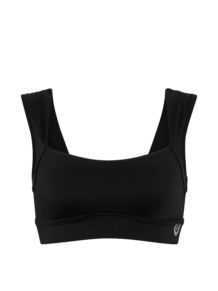 PINK PINK Relay™ Ruched Cropped Bra Tank, Black, offModelFront, 3 of 3