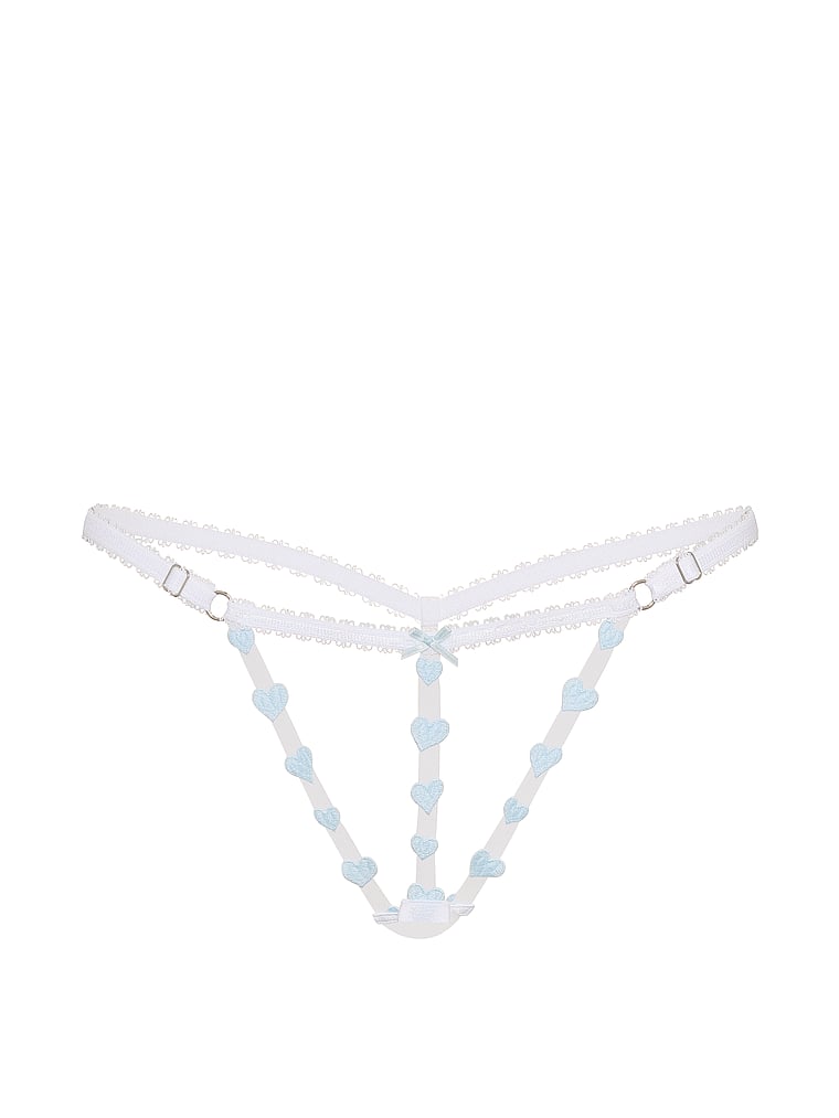 Victoria's Secret, Victoria's Secret Tease Strappy Heart Embroidery Peekaboo V-String Panty, White, offModelFront, 3 of 3