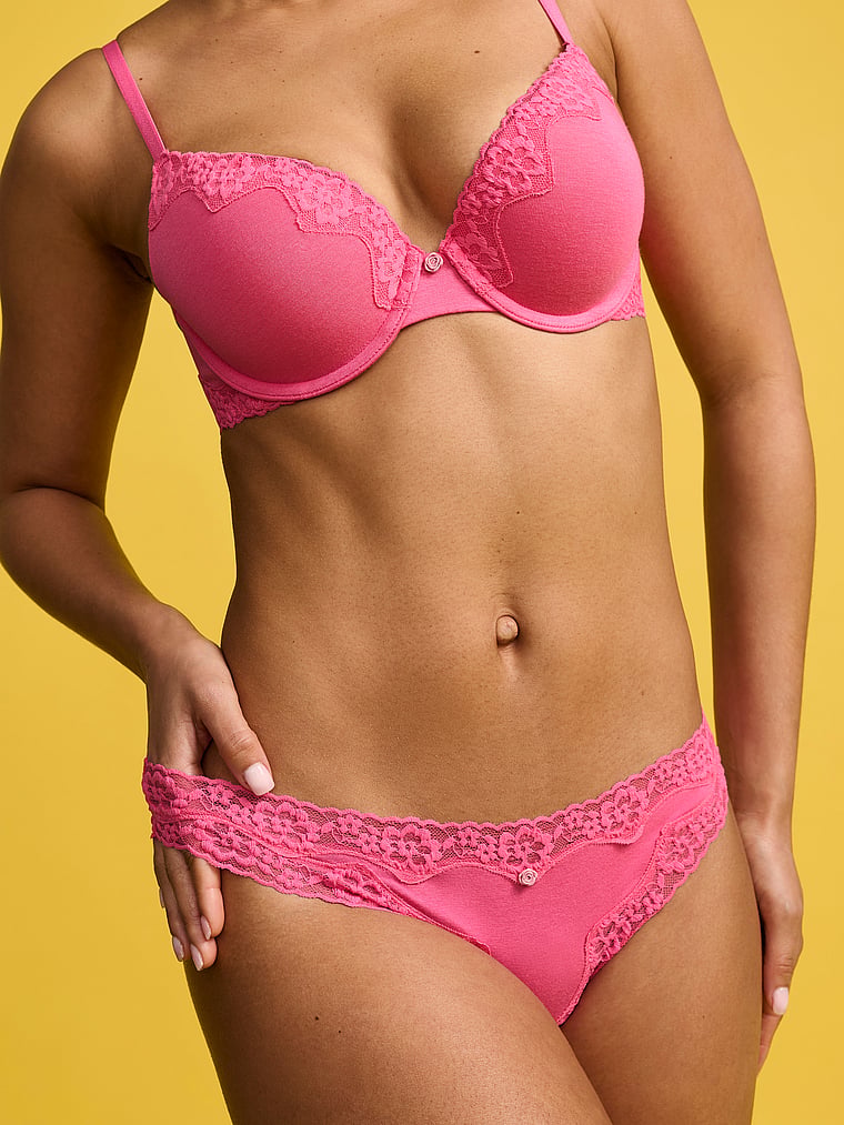 Victoria's Secret, Lace Trim Cotton Lace-Waist Thong, Pink Radiance, onModelSide, 1 of 4 Nisaa is 5'9" or 175cm and wears Small