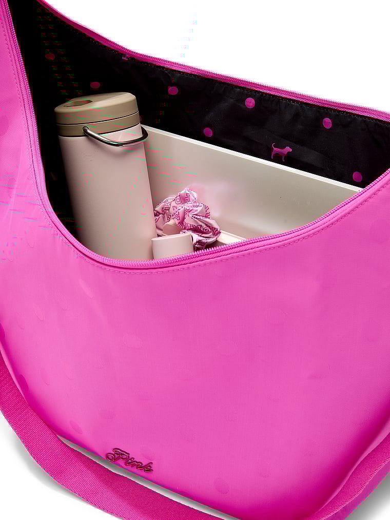 PINK Satin Nylon Hobo Bag, Pink Jaquard Dot, detail, 4 of 4