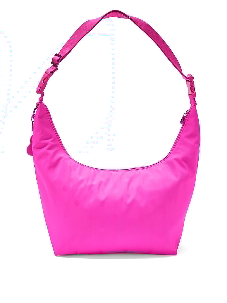 PINK Satin Nylon Hobo Bag, Pink Jaquard Dot, onModelBack, 3 of 4
