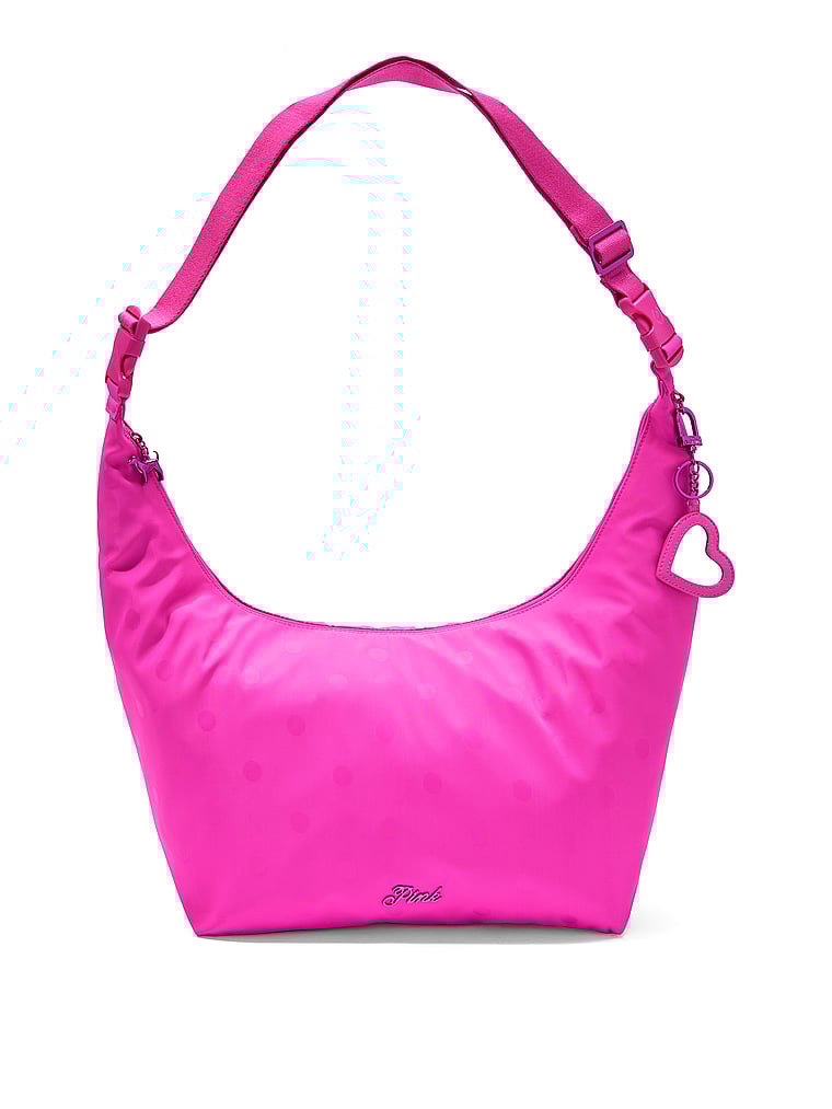 PINK Satin Nylon Hobo Bag, Pink Jaquard Dot, onModelFront, 2 of 4