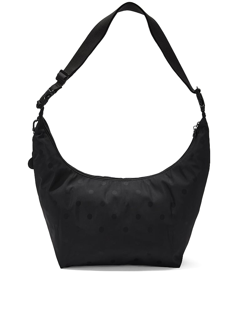 PINK Satin Nylon Hobo Bag, Black Jacquard Dot, onModelBack, 2 of 4