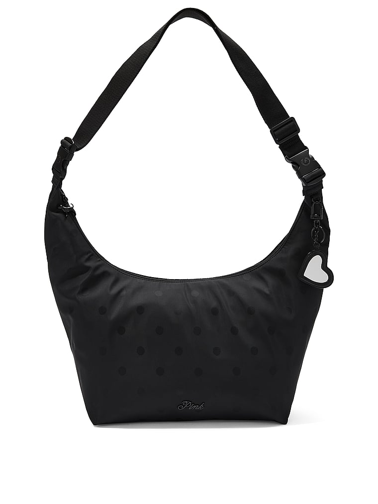 PINK Satin Nylon Hobo Bag, Black Jacquard Dot, onModelFront, 1 of 4