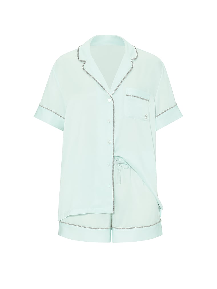 Victoria's Secret, Victoria's Secret Signature Satin Shine Short Pajama Set, Blue Bliss, offModelFront, 3 of 5