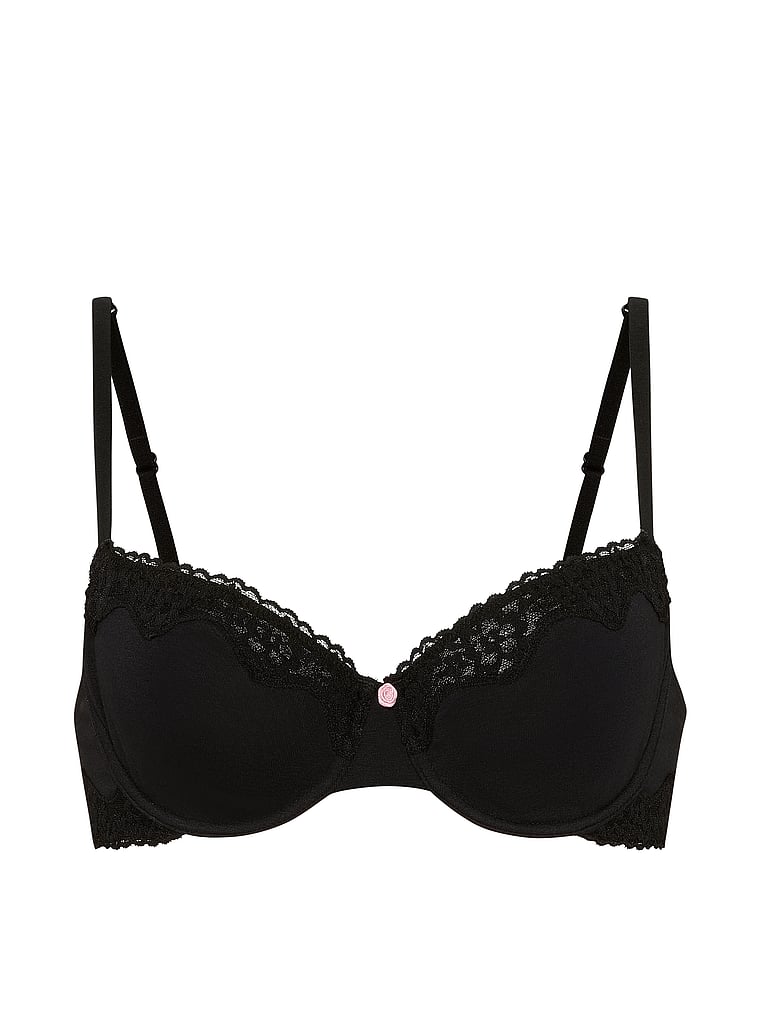 Victoria's Secret, The T-shirt Cotton Lace-Trim Unlined Demi Bra, Black, offModelFront, 3 of 3