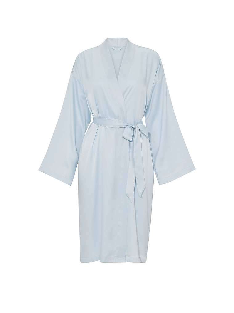 Victoria's Secret, Victoria's Secret Signature Satin Midi Robe, Linen Blue, offModelFront, 4 of 4