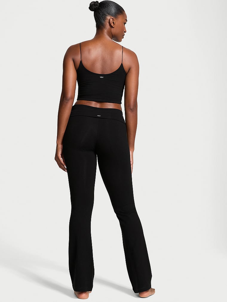 Victoria's Secret, Angel Essentials Cotton Foldover Flare Legging, Pure Black, onModelBack, 2 of 4 Tsheca  is 5'9" or 175cm and wears Small