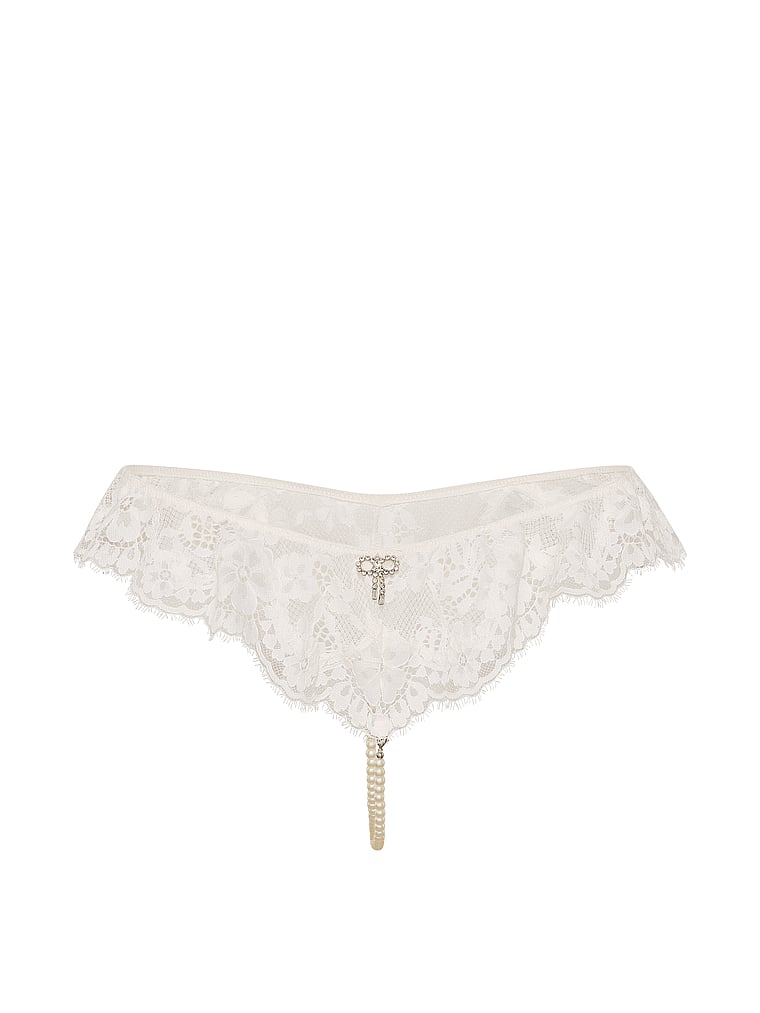 Victoria's Secret, Dream Angels Lace Flutter Pearl Strand Thong, Coconut White, offModelFront, 3 of 4