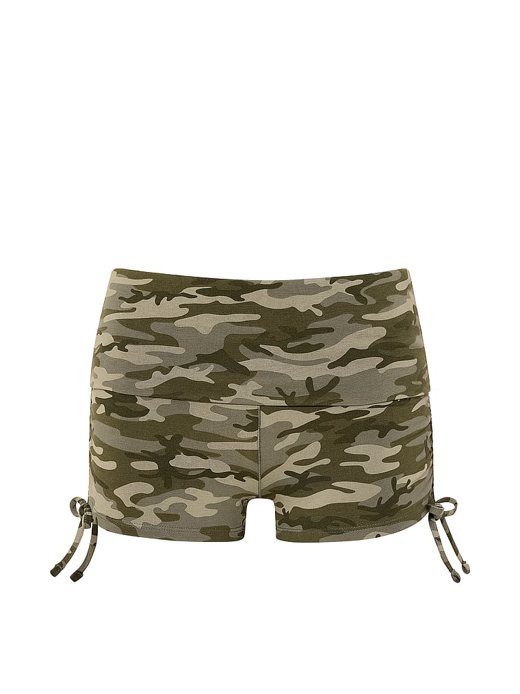 PINK All-Day Cotton™ Foldover Ruched Micro Shorts, Camo, offModelFront, 3 of 3