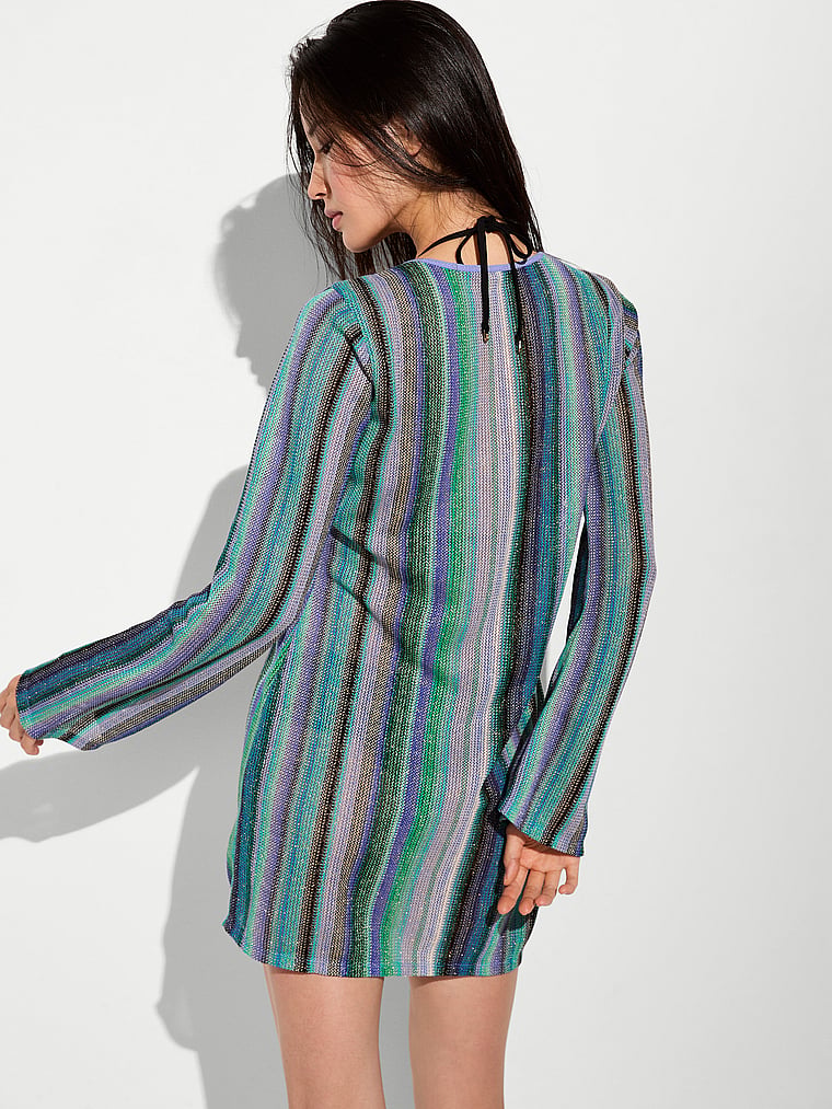 Victoria's Secret, Victoria's Secret Swim Beachwear Shimmer Knit Long-Sleeve Mini Dress, Periwinkle Shimmer Stripes, onModelSide, 2 of 4 HyunJoo is 5'9" or 175cm and wears 34B or Small