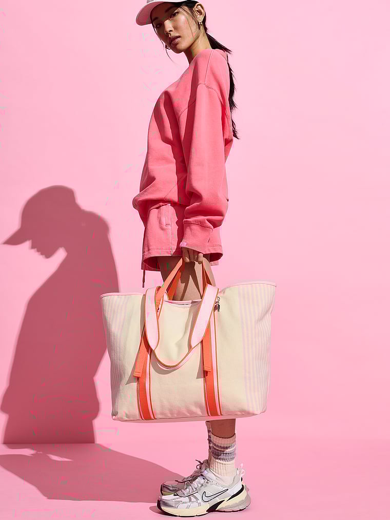 Victoria's Secret, Victoria's Secret Canvas Carryall Beach Tote, Natural, onModelFront, 1 of 5