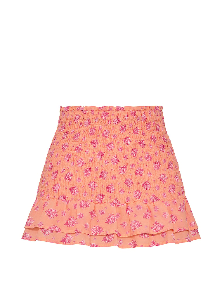 PINK Flirty Fit Smocked Mini Skirt, Peach Floral, offModelFront, 3 of 3