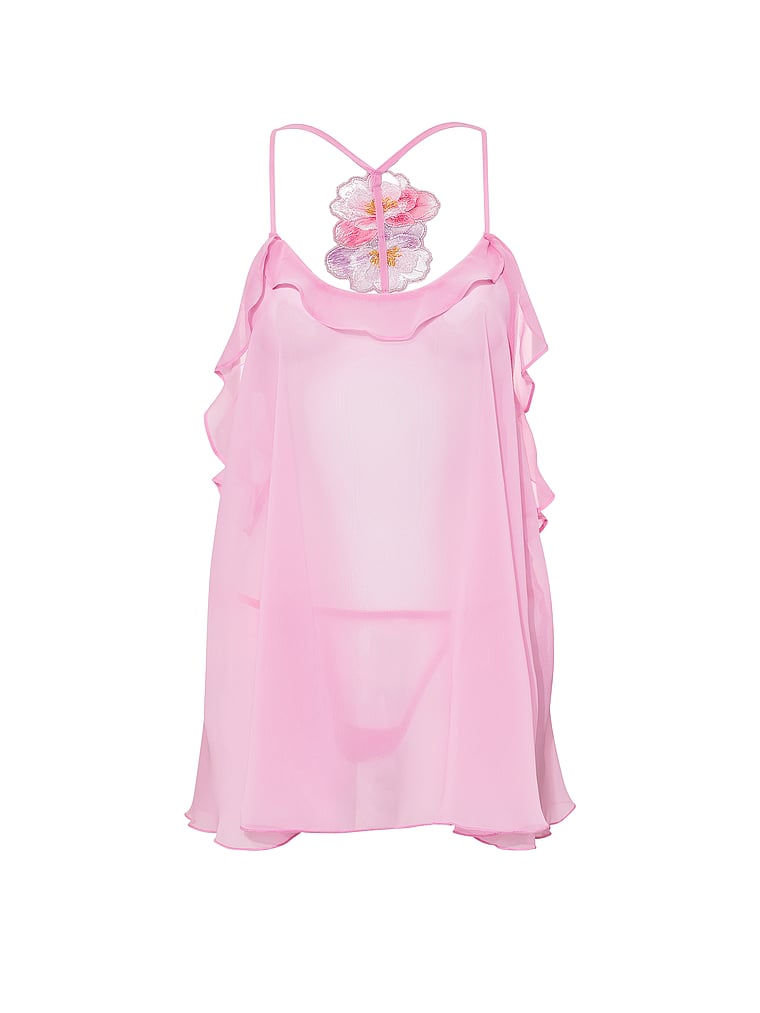 Victoria's Secret, Dream Angels Watercolor Embroidery Chiffon Babydoll Set, Hushed Lilac, offModelFront, 4 of 4
