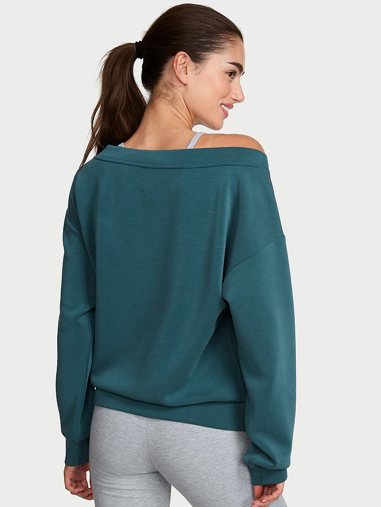 Victoria's Secret, VSX Featherweight Knit Off-the-Shoulder Top, Teal Haze, onModelBack, 2 of 3 Maia is 5'9" and wears Small