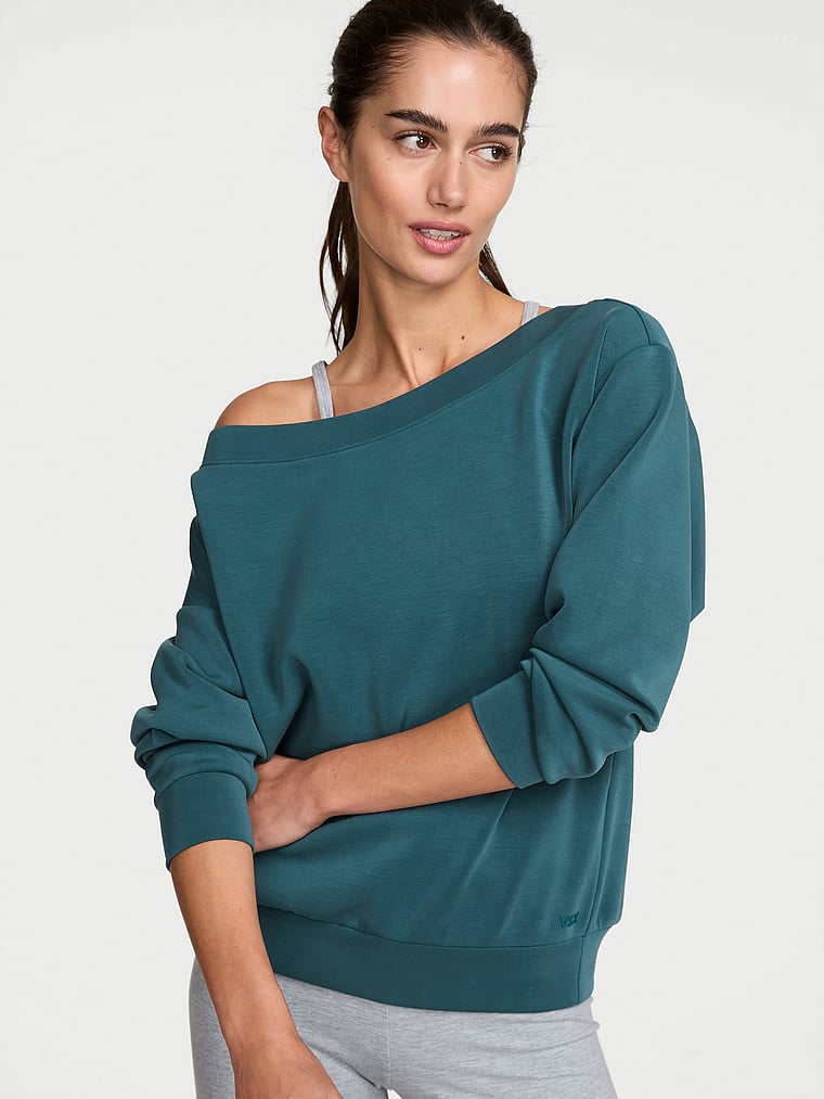 Victoria's Secret, VSX Featherweight Knit Off-the-Shoulder Top, Teal Haze, onModelFront, 1 of 3 Maia is 5'9" and wears Small