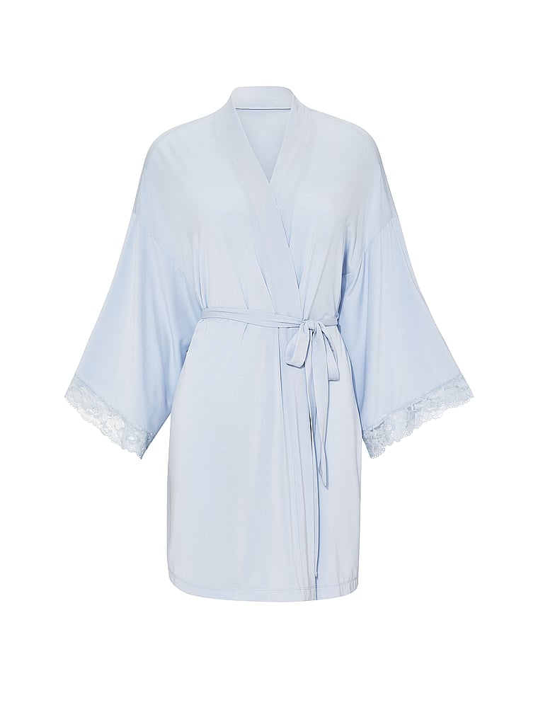 Victoria's Secret, Victoria's Secret SoSoft™ Modal Lace-Trim Bridal Short Robe, Palest Blue, offModelFront, 3 of 3