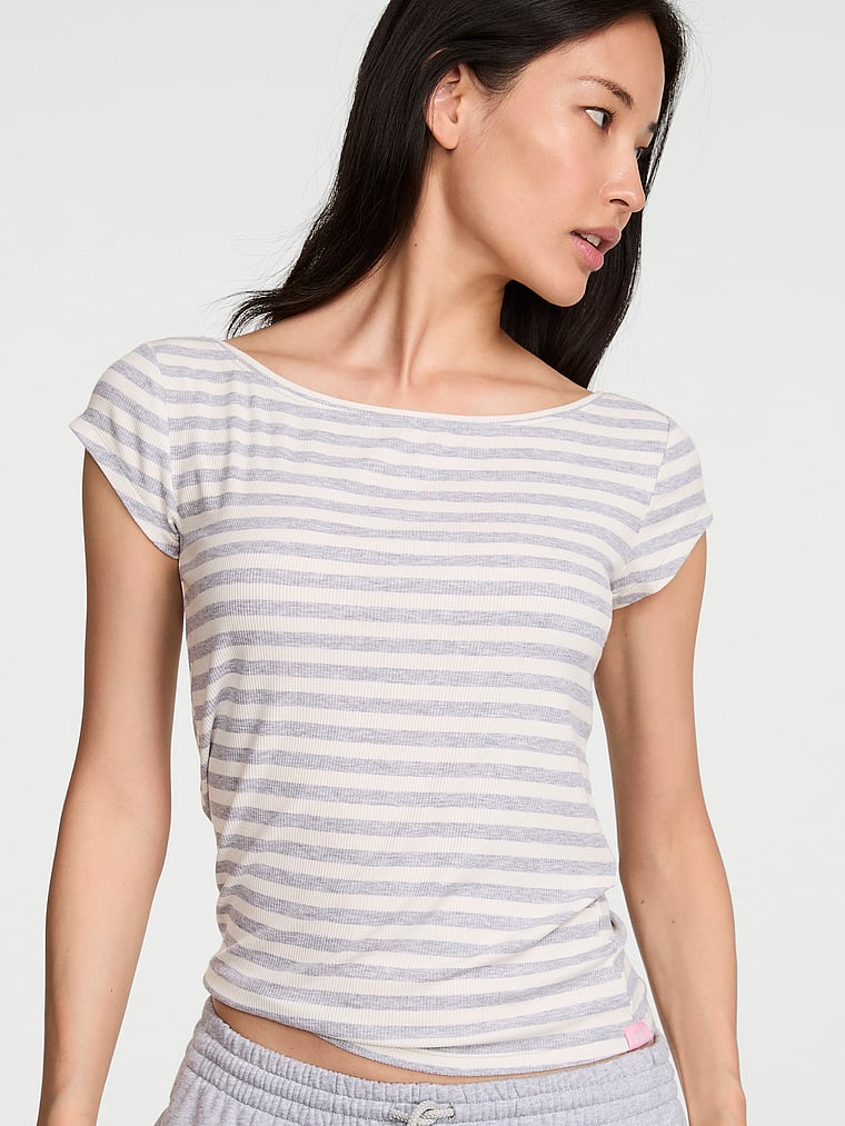 Victoria's Secret, Angel Essentials VS Iconic Rib Boatneck Tee, Medium Heather Grey Stripes, onModelFront, 1 of 3 HyunJoo is 5'9" and wears Small