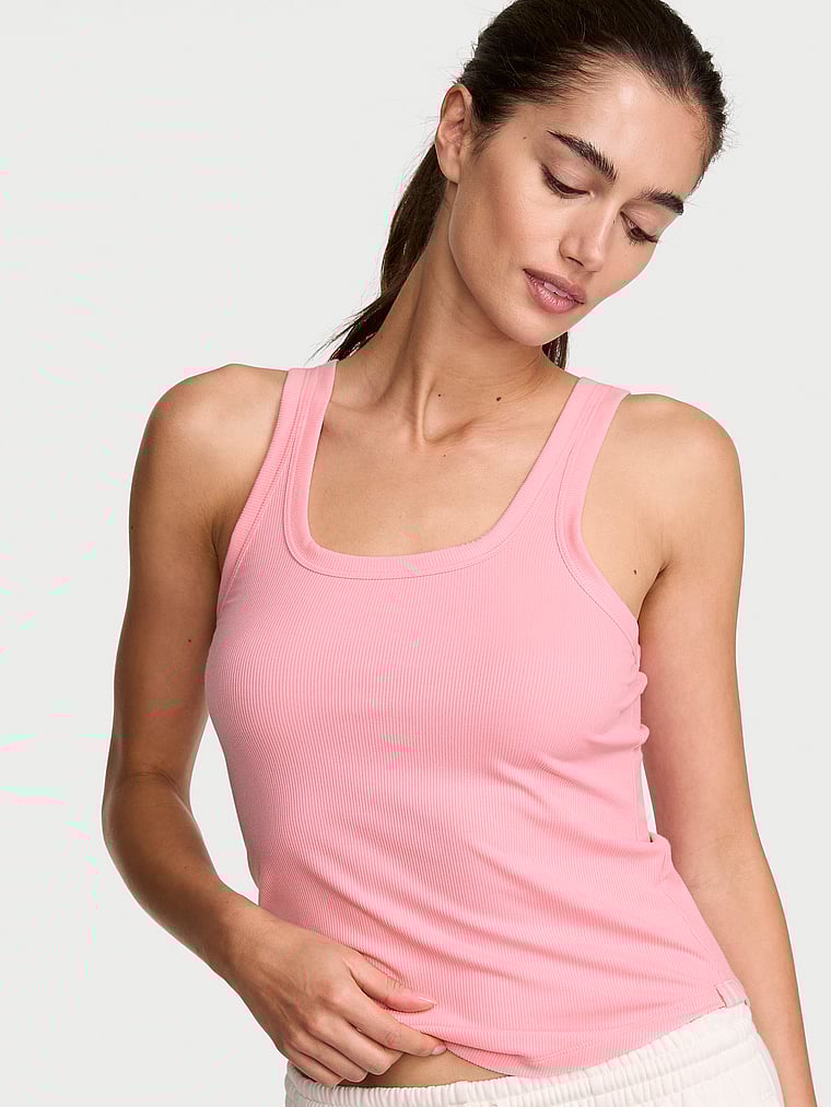 Victoria's Secret, Angel Essentials VS Iconic Rib Square-Neck Tank Top, Washed Victoria Pink, onModelFront, 1 of 3 Maia is 5'9" and wears Small