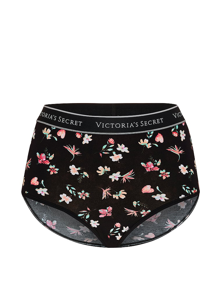 Victoria's Secret, Cotton Logo Cotton Shine Patch Velvet Modern Brief Panty, Black Floral, offModelFront, 3 of 3