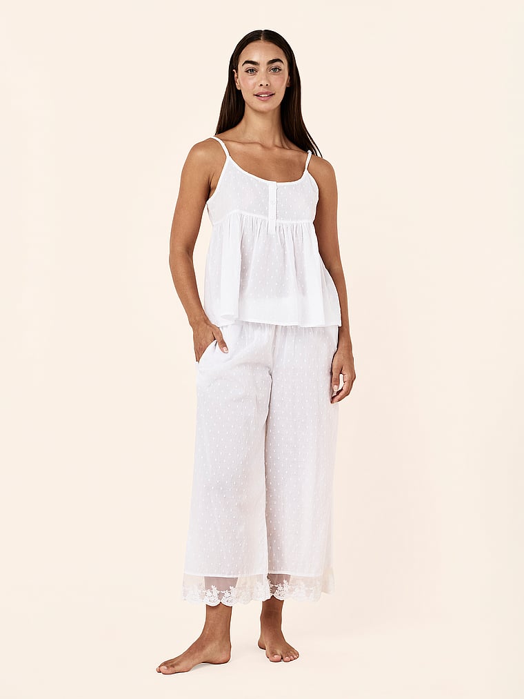 Victoria's Secret, Papinelle Swiss Dot Cami Crop PJ, White/Ivory, onModelSide, 3 of 4