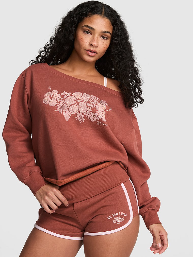 PINK Campus Fleece™ Rib Off-The-Shoulder Sweatshirt, Clay Sunset, onModelFront, 1 of 4