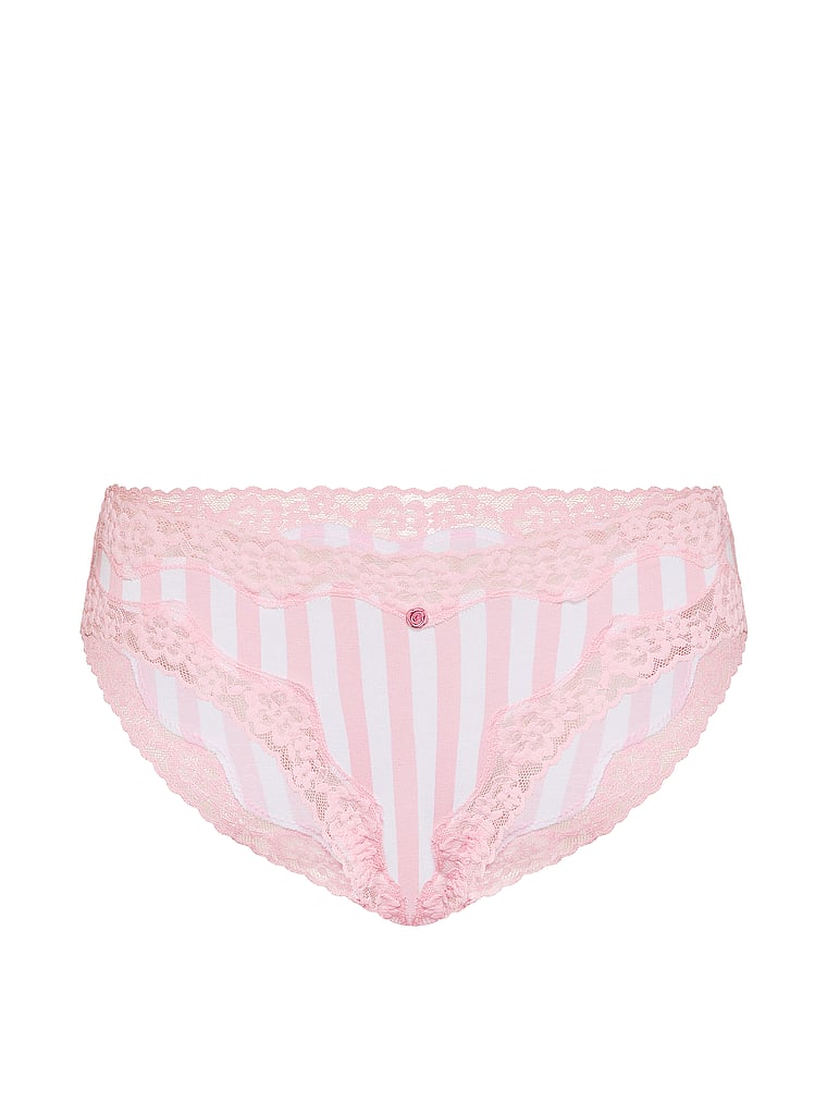 Victoria's Secret, Lace Trim Cotton Lace-Waist Bikini Panty, Pretty Blossom Iconic Stripe, offModelFront, 2 of 4
