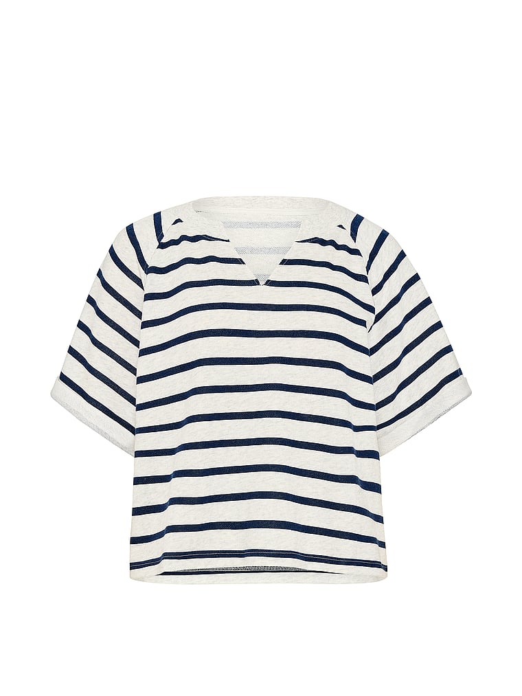 PINK Campus Terry™ Short-Sleeve Crew Sweatshirt, Noir Navy Stripe, offModelFront, 4 of 5