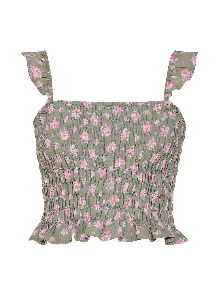 PINK Flirty Fit Smocked Tank Top, Slate Green Floral, offModelFront, 3 of 3